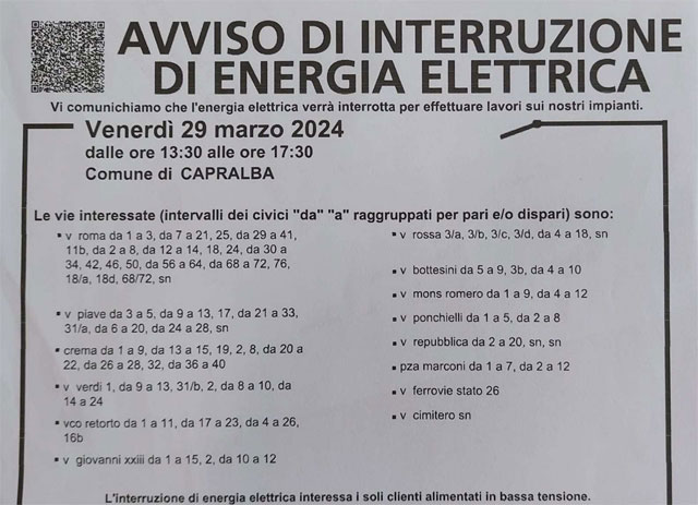 Energia elettrica, interruzioni a Capralba